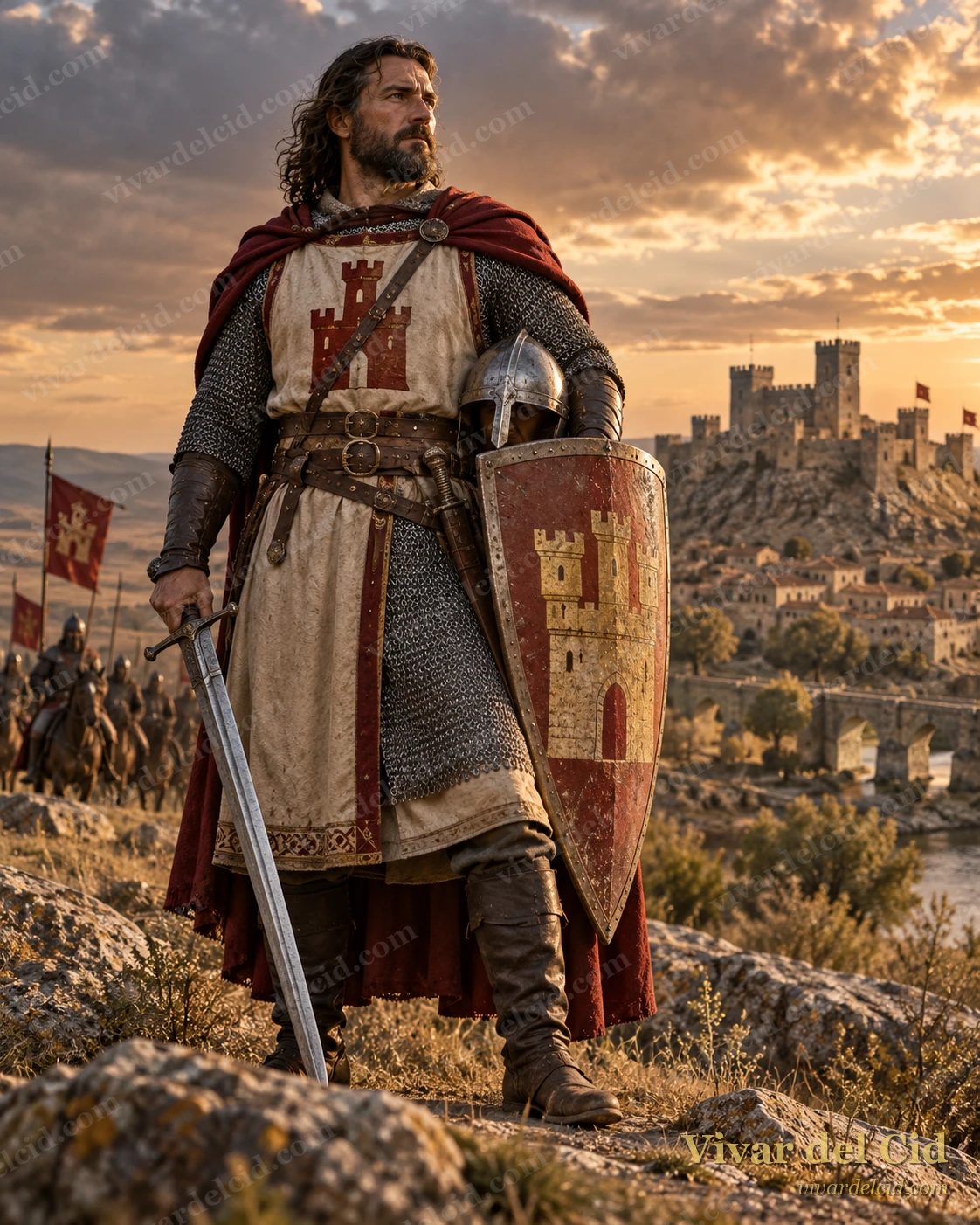 Álvar Fáñez con cota de malla, escudo y espada ante un castillo, ilustración